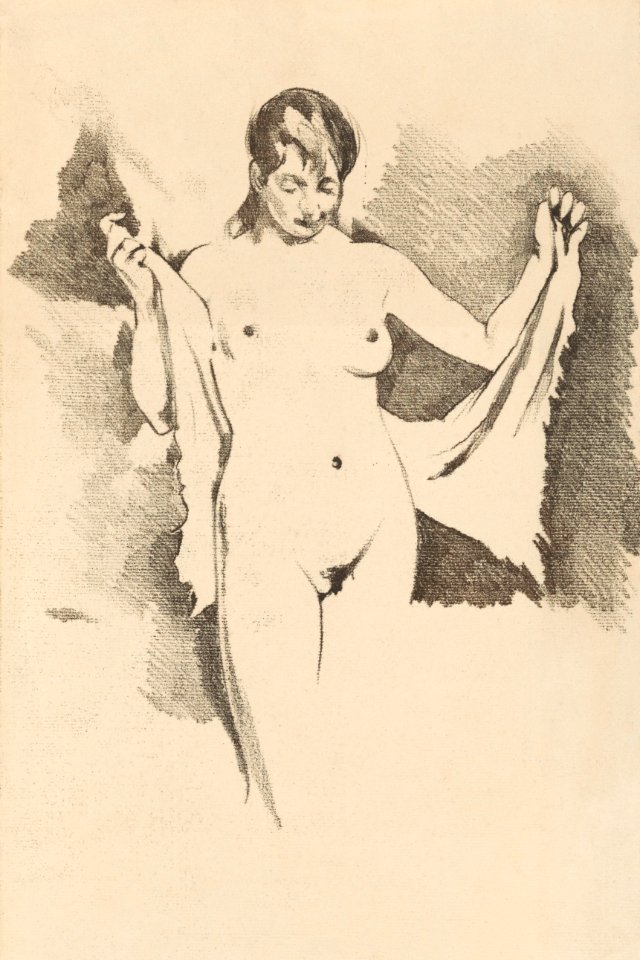 Naked woman posing sexually, vintage nude illustration. Staande, naakte vrouw die zich afdroogt (1870–1923) by Willem Witsen. Original from The Rijksmuseum. Digitally enhanced by rawpixel.