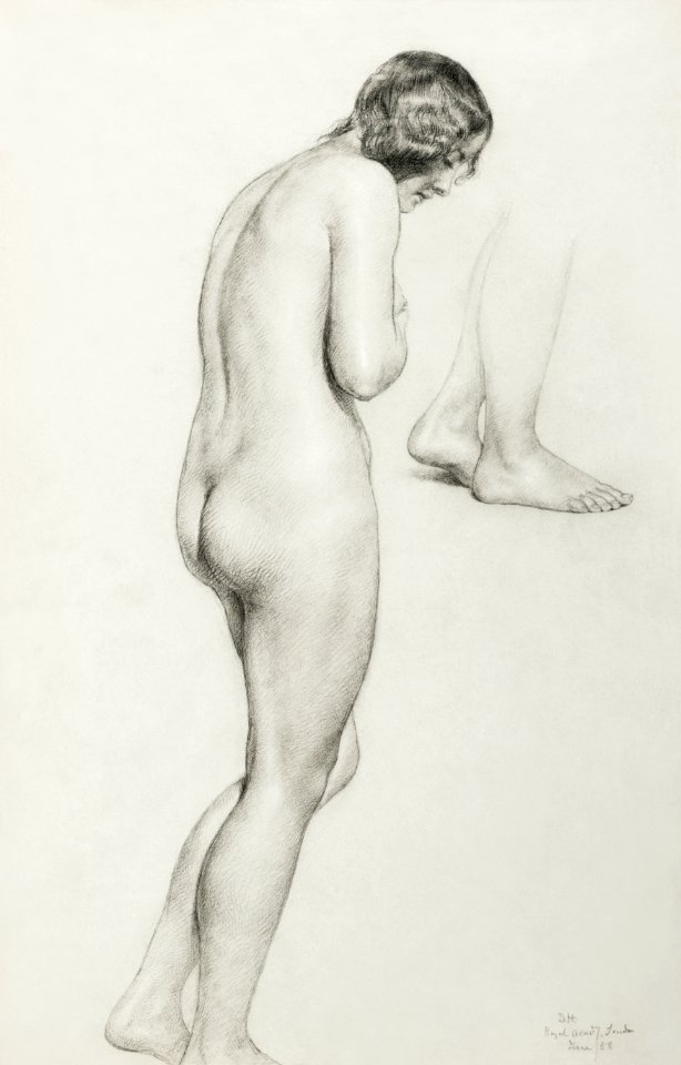 Naked woman showing her bottom. Female Nude (1858) by Daniel Huntington. Original from The Smithsonian. Digitally enhanced by rawpixel.