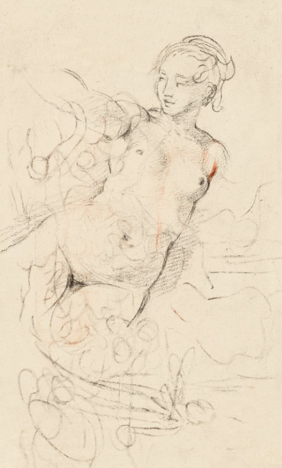 Naked woman showing her breasts, vintage erotic art. A Reclining Nude with Her Right Arm Raised over a Swift Composition Study [verso] (1763) by Jean-Baptiste Deshays. Original from The National Gallery of Art. Digitally enhanced by rawpixel.