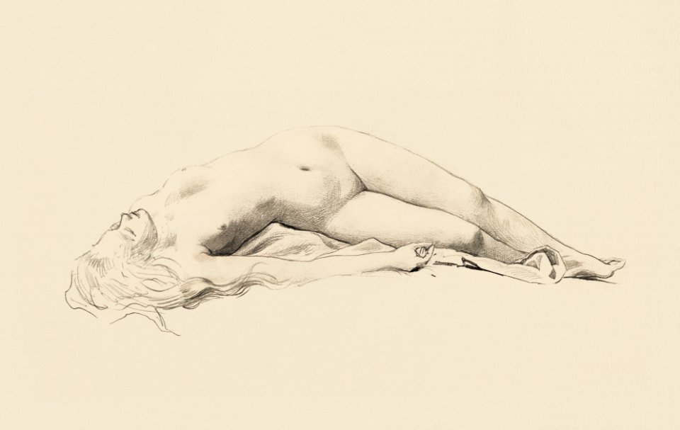 Naked woman posing sensually, vintage erotic art. Female Nude (1890) by James Wells Champney. Original from The Smithsonian. Digitally enhanced by rawpixel.