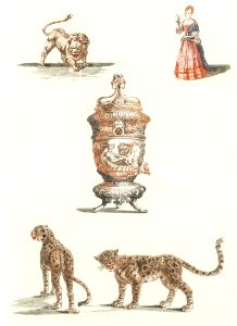 A lion, a standing woman, a fountain and two leopards by Johan Teyler (1648-1709).. Free illustration for personal and commercial use.