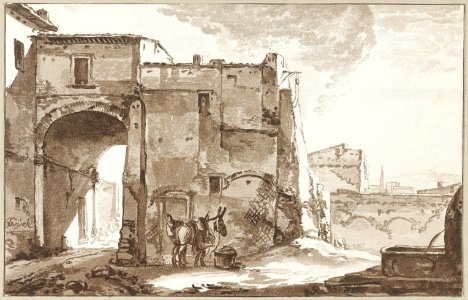Poort met reiziger en muildier (ca. 1781–1782) by Cornelis Ploos van Amstel.. Free illustration for personal and commercial use.