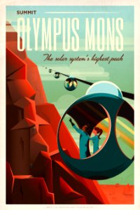 Travel Poster: Olympus Mons (2015). Adventure Awaits! Explore Mars’ Ultimate Vacation Destinations.. Free illustration for personal and commercial use.