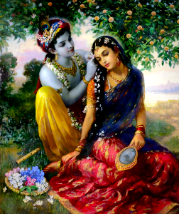 Krishna adorning Radha's hair at a secluded grove. Free illustration for personal and commercial use.