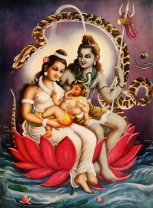 Goddess Parvati with Shiva and baby Ganesh. Free illustration for personal and commercial use.