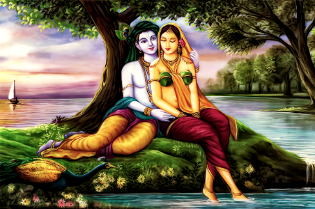 Krishna romances his beloved Radha at a beautiful place by a lake. Free illustration for personal and commercial use.