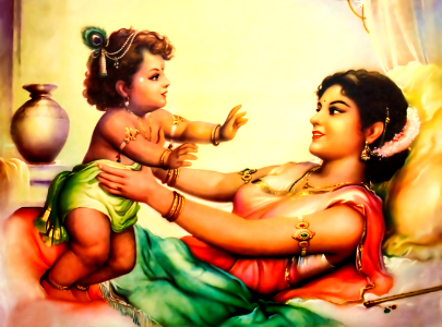 Mother Yashoda dotes upon child Krishna (Vintage). Free illustration for personal and commercial use.