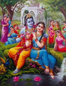Radha Krishna and gopis gather near a waterfall