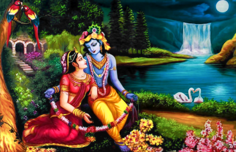 Krishna courting Radha with a garland of flowers. Free illustration for personal and commercial use.