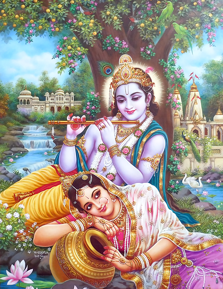 Radha mesmerized by Krishna's divine music. Free illustration for personal and commercial use.