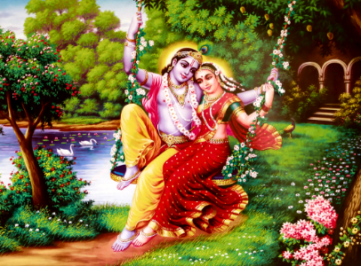 Radha Krishna - Swinging in the Gardens. Free illustration for personal and commercial use.