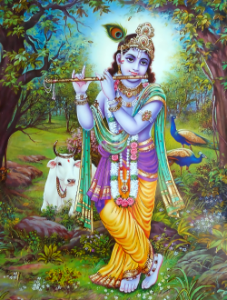 Shri Krishna playing music in the forest. Free illustration for personal and commercial use.