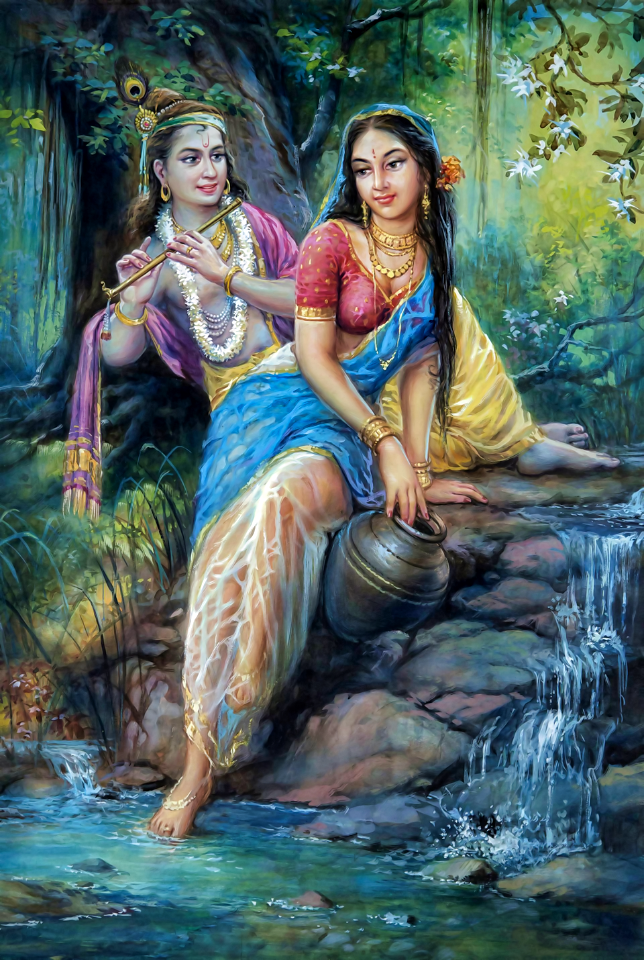 Radha-Krishna revel at a cool river stream. Free illustration for personal and commercial use.
