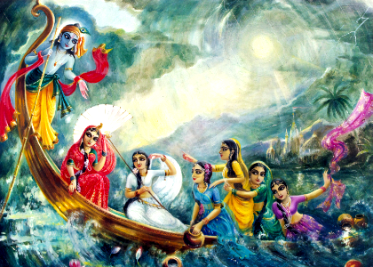 Krishna-sakhis go for a wild boat ride. Free illustration for personal and commercial use.