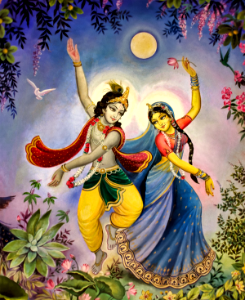 Radha-Krishna dancing joyfully in the moonlight. Free illustration for personal and commercial use.
