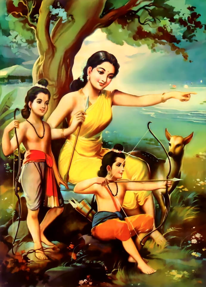 Mother Sita with twin sons Luv & Kush (Vintage). Free illustration for personal and commercial use.