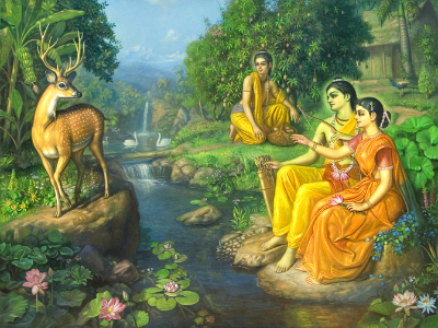 Rama-Sita, Lakshmana in exile in the Dandaka forest. Free illustration for personal and commercial use.