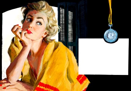 Jim Schaeffing 044 Watching the Clock, magazine story illustration, circa 1950. Mixed media on board