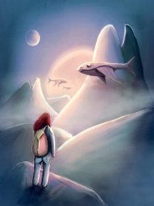 Girl Hiking On The Planet Of The Flying Whales. Free illustration for personal and commercial use.