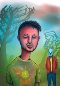 Psychedelic boy and his rabbit friend get lost in the acid forest. Free illustration for personal and commercial use.