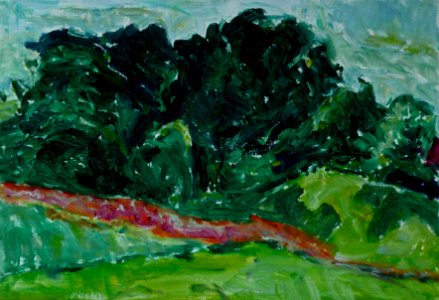 1993 - 'Burgundy landscape with trees', oil painting plein-air art on canvas for sale; Dutch Expressionism art / Hollands expressionisme; free image in public domain / Commons, CC-BY – painter-artist, Fons Heijnsbroek