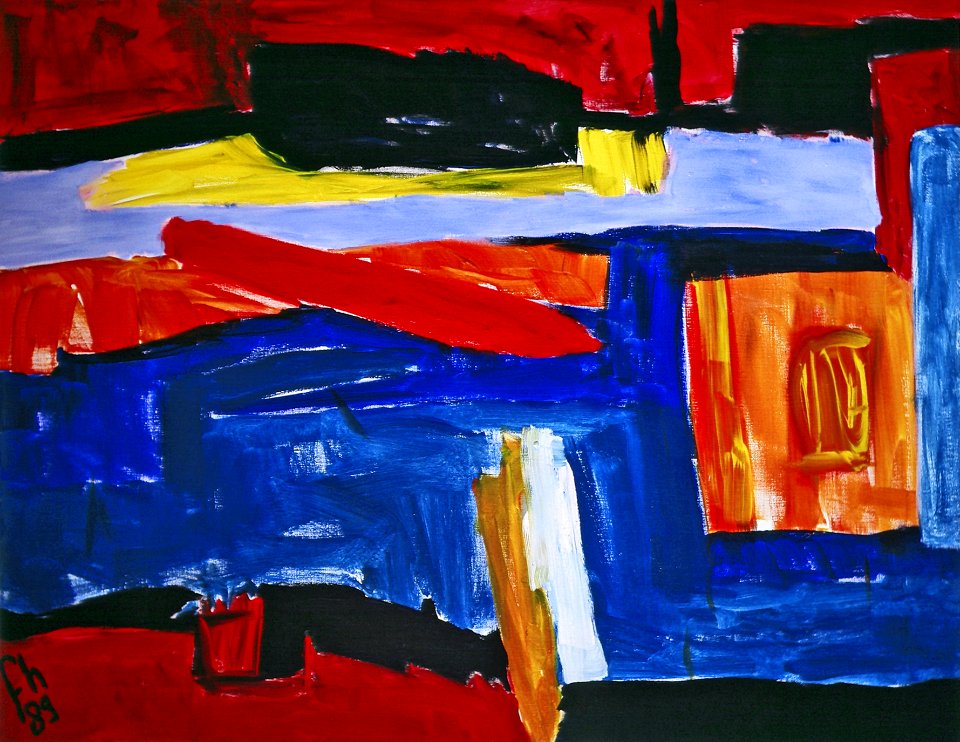 1989 - 'Winter Landscape', acrylic large painting on canvas, Dutch Abstract Expressionism art / colorful painting art on canvas - A high resolution art image in free download to print, in public domain / Commons, CC-BY, abstract schilderij, Heijnsbroek