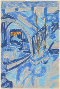 1984 - old shipyard Kromhout in Amsterdam, blue crayon drawing art by Dutch artist Fons Heijnsbroek, A high resolution image for free download to print, public domain / Commons, CC-BY.