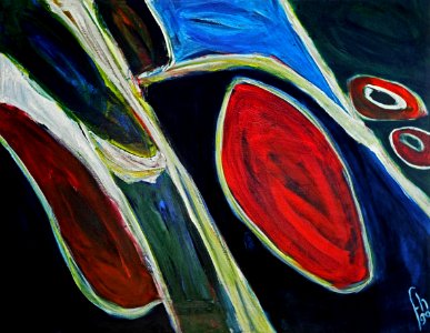1990 - 'Abstract Composition with Oval Discs', large abstract painting; A high resolution art image in free download to print, public domain / Commons, CC-BY, by Dutch artist Fons Heijnsbroek