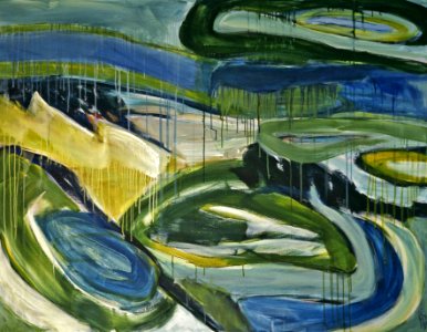 1990 - 'Dune-landscape in Ovals, acrylic large painting on canvas; A high resolution art image for free download to print, public domain / Commons, CC-BY. Dutch artist, Fons Heijnsbroek