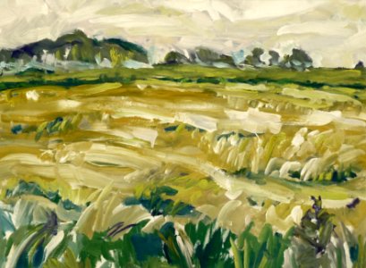 1985 - 'Ripe cornfield near Bourtanghe' Netherlands, landscape painting on paper in gouache; Dutch Expressionism art / Hollands expressionisme; A high resolution image free download to print, public domain / Commons, CC-BY, Heijnsbroek. Free illustration for personal and commercial use.