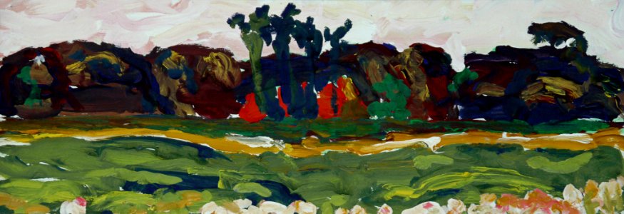 1985 - 'Dutch Summer landscape', colorful landscape painting, The Netherlands, painted in gouache art on paper; Dutch Expressionism painting - A high resolution image, free download to print, public domain / Commons, CC-BY. Expressionisme; F. Heijnsbroek. Free illustration for personal and commercial use.