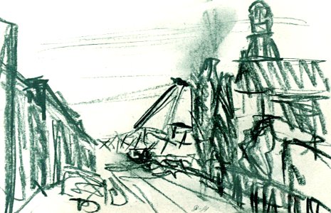 1988 - 'View over the Oostelijke Handelskade, eastwards', former old harbor of Amsterdam, drawing sketch in charcoal; Dutch Expressionism art / Hollands; free download art image to print, in public domain / Commons, CC-BY – painter-artist, Fons Heijnsbroe. Free illustration for personal and commercial use.