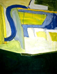 1989 - 'Standing Flat Landscape', a Dutch abstract landscape-painting in acrylic on canvas - contemporary Dutch painter-artist Fons Heijnsbroek; A high resolution art image free download to print, in public domain / Commons, CC-BY.. Free illustration for personal and commercial use.