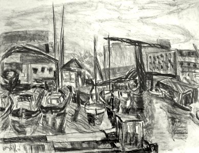 1988 - 'View on the old shipyard', De Cromhout-werf in Amsterdam city, at the canal Nieuwe Vaart, drawing sketch in charcoal; free download image to print, public domain / Commons, CC-BY – painter-artist, Fons Heijnsbroek. Free illustration for personal and commercial use.