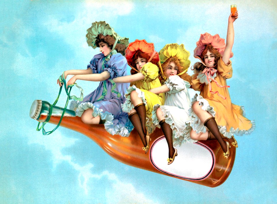 German beverage advertising [girls flying on a beer bottle], c. 1898.