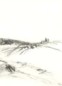 1990 - 'Sketch of Dunes', pencil drawing art of Dutch sandy coast and shore of The Netherlands, direction the village Zandvoort; A high resolution art image in free download to print, public domain / Commons, CC-BY, artist Fons Heijnsbroek