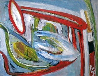 1990 - 'Abstract Landscape with Oval Discs', large abstract painting by contemporary Dutch artist Fons Heijnsbroek - A high resolution art image free download to print, public domain / Commons, CC-BY. Free illustration for personal and commercial use.
