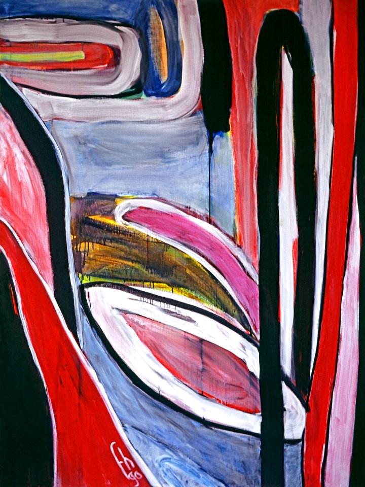 1990 - 'Landscape with Arches and Ovals', acrylic large painting, A high resolution art image in free download to print, in public domain / Commons, CC-BY, by Dutch artist Fons Heijnsbroek