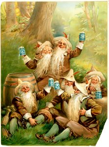 German beer advertisement with happy gnomes, c. 1898.. Free illustration for personal and commercial use.