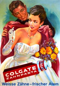 Colgate Zahnpasta, Weisse, Zähne — frischer Atem, 1955.
