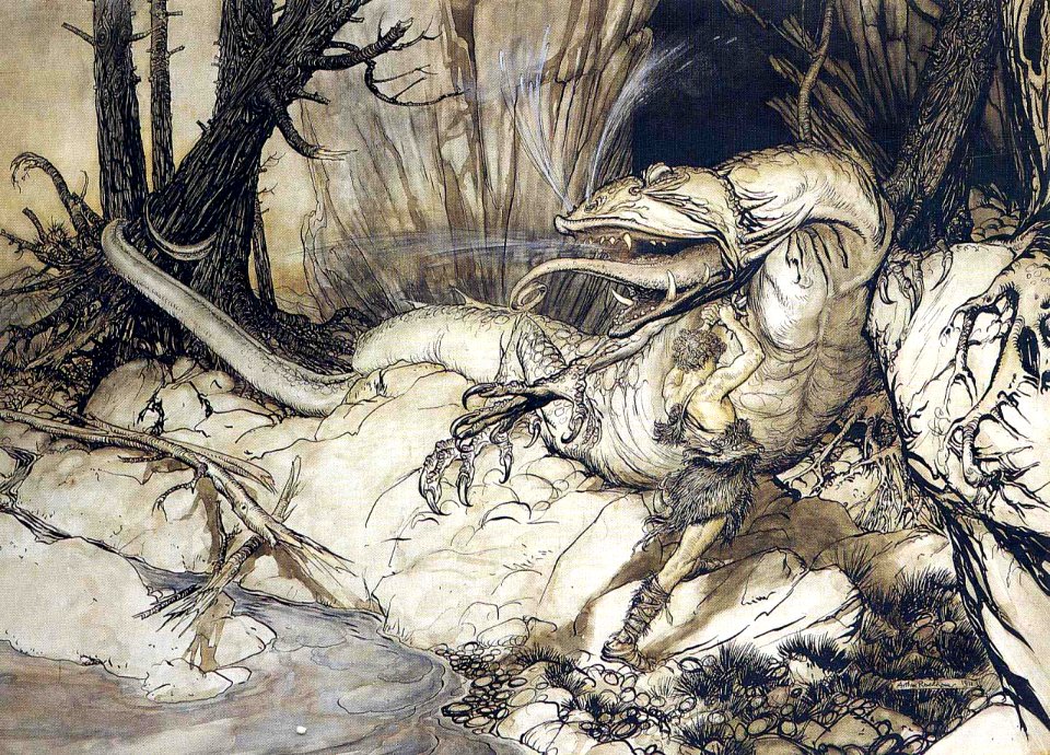 RACKHAM Arthur (1867-1939).  🇬🇧  Siegfried kills Fafnir, from Siegfried and Twighlight of the Gods by Richard Wagner, 1911.