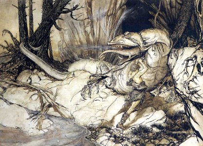 RACKHAM Arthur (1867-1939).  🇬🇧  Siegfried kills Fafnir, from Siegfried and Twighlight of the Gods by Richard Wagner, 1911.