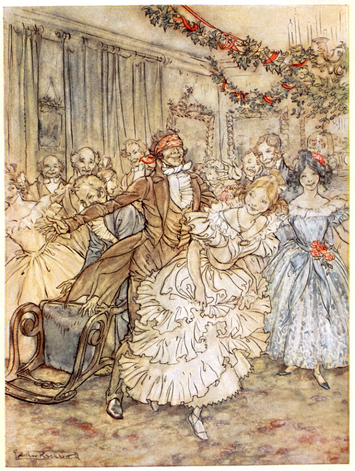 RACKHAM Arthur (1867-1939).  🇬🇧  Party scene, Illustrations for Dickens' A Christmas Carol, 1915.