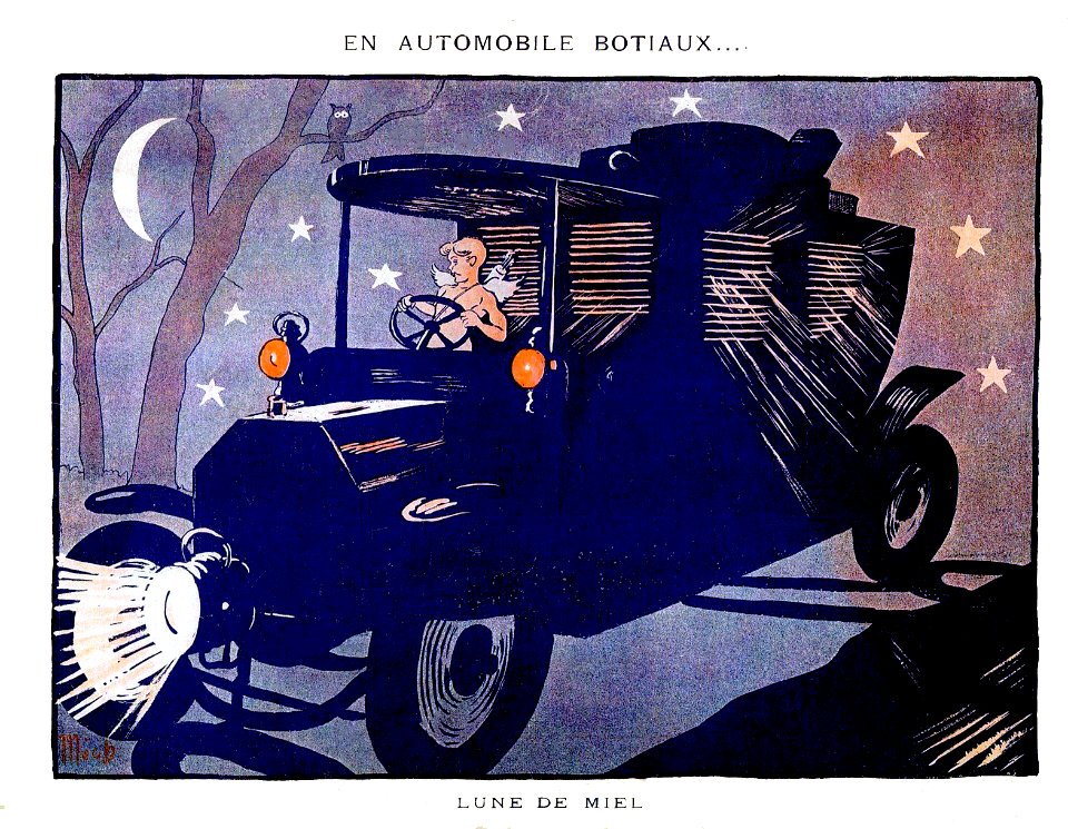 MICH (Michel Liebeaux, 1881-1923).  "En Automobile Botiaux... Lune de Miel", La Vie Parisienne, 1905.