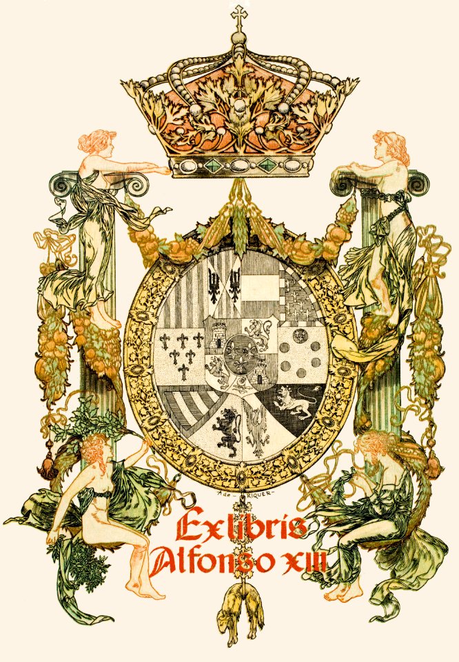 RIQUER YNGLADA, Alexandre de.  Book plate of King Alfonso XIII of Spain.