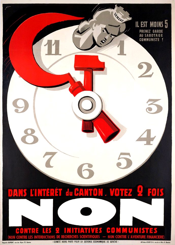 FONTANET, Noel (Noël). 🇨🇭 Il est moins 5, Votez 2 fois NON contre les communistes, c. 1935.
