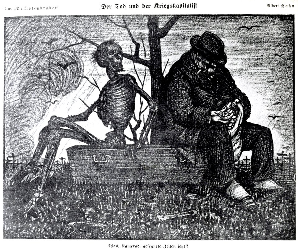 HAHN, Albert (1877-1918). 🇩🇪 ‘Der Tod und der Kriegskapitalist’ (Death and the War Capitalist), Published in Die Glühlichter, #26, Dec. 16, 1915.