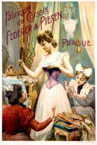 Fabrique de Corsets Federer & Piesen, Prague, c. 1890s.. Free illustration for personal and commercial use.