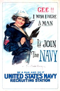 CHRISTY, Howard Chandler (1872-1952). 🇺🇸 "Gee!! I wish I were a man, I'd Join the Navy" WWI poster, c. 1917.. Free illustration for personal and commercial use.