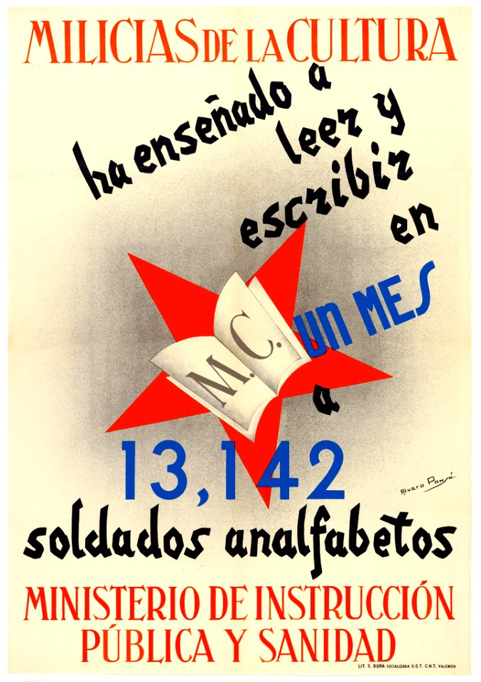 PONSÁ, Álvaro.  "Milicias de la cultura ha ensenado a leer y escribir en un mes 13,142 soldados analfabetos", Ministerio de Instrucción Pública y Sanidad, 1936.